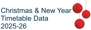 Red Christmas baubles hanging down, with Christmas and New Year Timetable data 2025-26 text