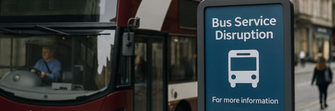 burgundy bus in background with a blue sign saying Bus Service disruption in foreground 