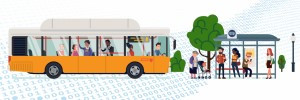 Bus arriving at a bus stop and shelter with a queue of people