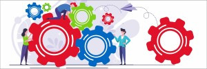 people and coloured cogs