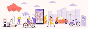 line art mobile phone, walking cycling and scooters in city environment.