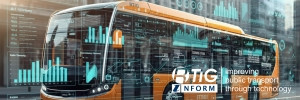 Yellow bus with graphs of statistics in blue in front, with office style buildings in the background
